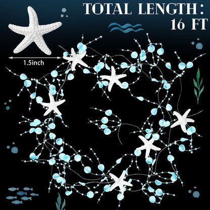16 ft Ocean Themed Garland Ocean Beaded Starfish Shell Decor Coastal Beaded Beach Garland for Mantle Fireplace Summer Wedding Home Decor Supply(Blue)