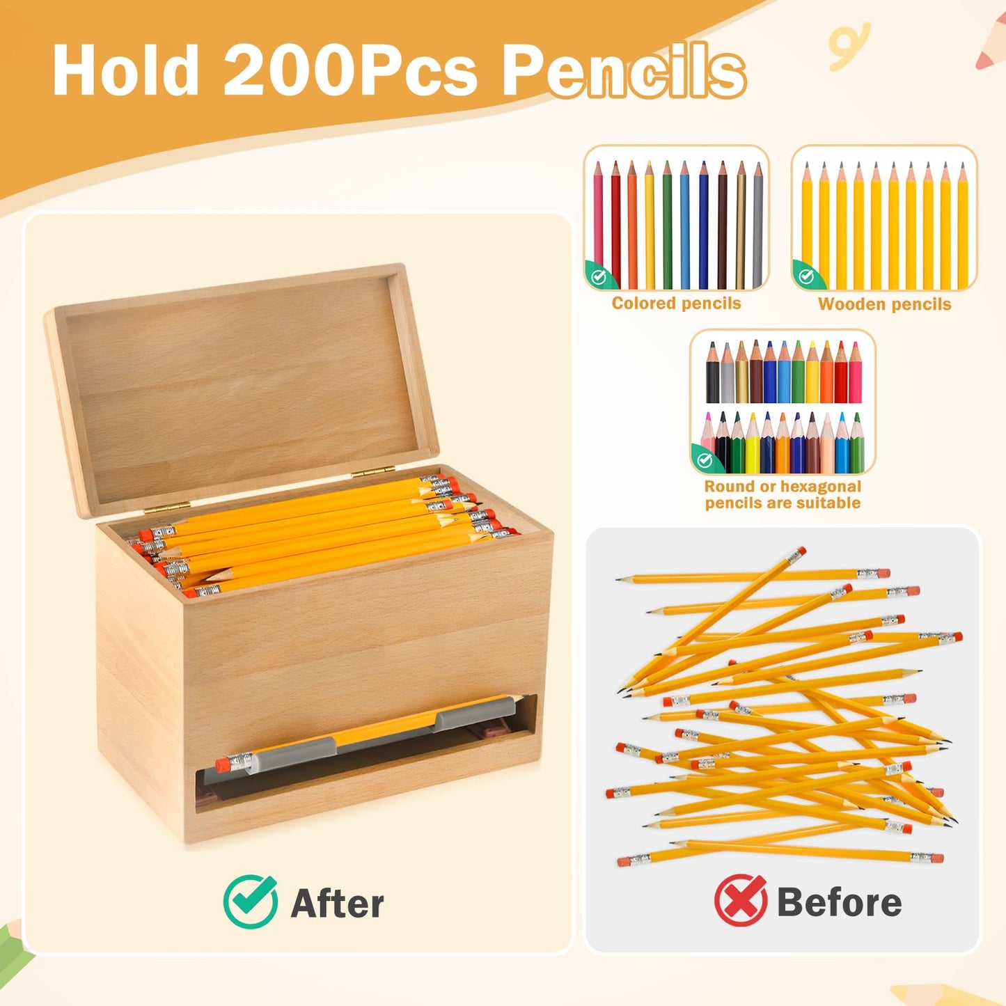 Aigybobo Pencil Dispenser for Classroom, Wooden Pencil Holder for Desk, Teacher Must Haves for Organization and Storage, Pencils Straw Dispenser for Classroom Office Kitchen Restaurant