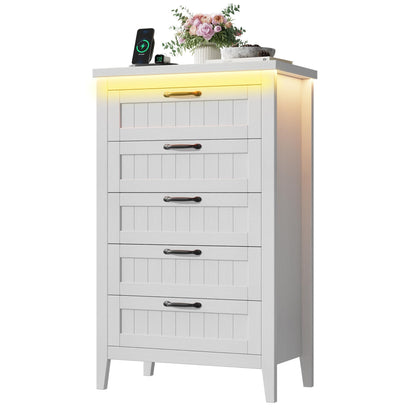 GarveeHome Farmhouse Tall 5 Drawer Dresser with Charging Station & LED Lights, Slim Wooden Bedroom Dresser, Rustic Chest of Drawers Clothes Storage Organizer for Closet Dorm Apartments, White