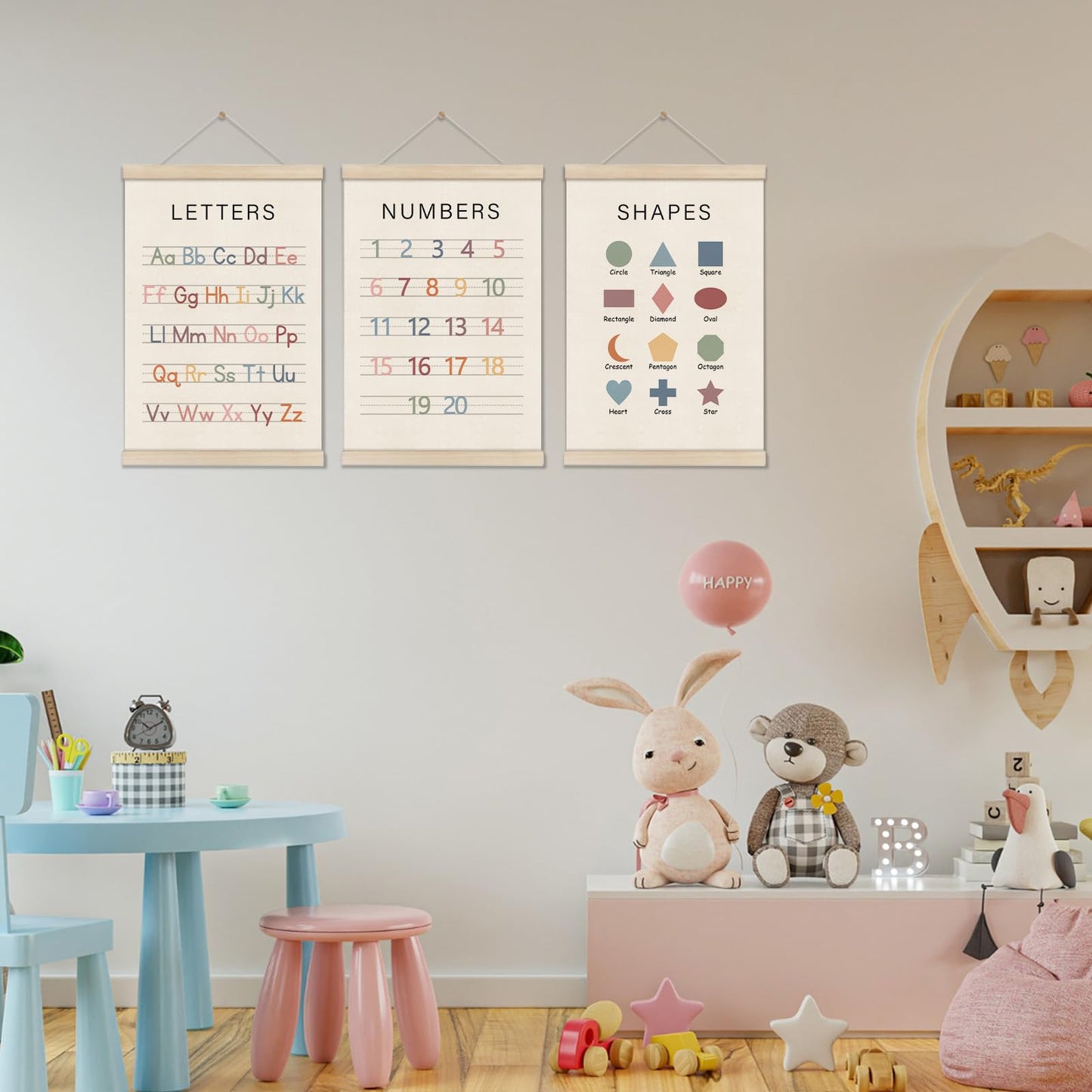 Set of 3 Alphabet Numbers Poster Hanger Frame, Preschool Learning Posters, Educational Canvas Wall Art, Montessori Nursery Wall, Toddler Room Decor for Boys Girls 16x12 Inch, Boho Classroom Decor