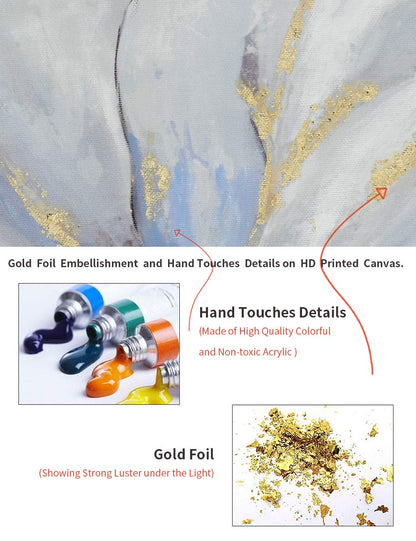 Goldfoilart Floral Wall Art Gold Flower Canvas Pictures with Foil Embellishment Painting Grey Print Framed Artwork for Bedroom Bathroom Living Room Office Wall Decor 24" x 24"