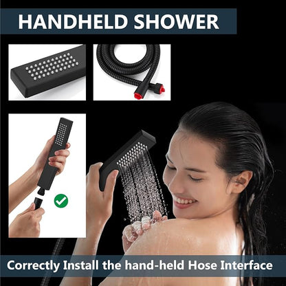 Aolemi Shower Faucet Set Rain Shower System with Handheld Spray Bathroom Shower Combo Rough-in Valve and Shower Trim Kit Included Matte Black 16 Inch Wall Mount Shower Head