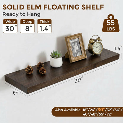 Dreamland Rustic Elm Woood Floating Shelves for Wall Decor, 30" W x 8" D x 1.5" H Floating Shelves Set of 2, Wall Mounted Deep Wooden Shelf for Living Room, Bedroom, Kitchen, Bathroom, Walnut