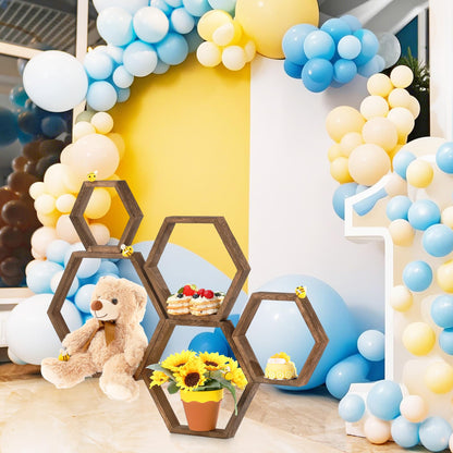 Gerrii 5 Pcs Honey Comb Decorations 5 Sizes Wood Hexagon Shelves Honeycomb Centerpiece Cupcake Stand Wooden Bee Hive Display Holder for Baby Shower Honeybee DIY Birthday Party Decor (Dark Brown)
