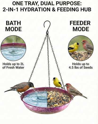 Hanging Bird Bath for Outside Iridescent Metal Feeder Tray with Hand-Painted Pink and Green Gradient 11" Decorative Birdbath for Wild Birds to Bathe & Drink Garden Decor for Patio & Yard