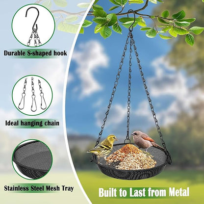 Hanging Bird Feeder for Outdoors – 9 in Metal Mesh Bird Feeder Tray Platform for Small Wild Birds, Black