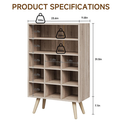 MIKORYS2X 5 Tiers Shoe Cubby, Shoe Storage Cabinet with 9 Cubbies, Wooden Shoe Rack Organizer with 2 Shelves and Legs, 10-15 Pairs, Freestanding Cubby Shoe Rack for Closet, Entryway, Bedroom, Natural