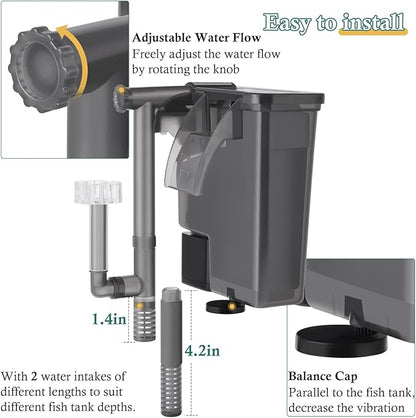 5W Hang on Aquarium Filter: Ultra Quiet 124 GPH Fish Tank Filter with Filter Sponge and Activated Carbon, Adjustable Waterfall Filter for 5-15 Gallon Fish Tank