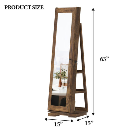 sogesfurniture Lockable Floor Standing Wooden Jewelry Armoire with Full Length Mirror 360°Rotatable Jewelry Organizer Cabinet Lockable with Storage Shelf, Rustic Brown,BHUS-QH-7021C-FG