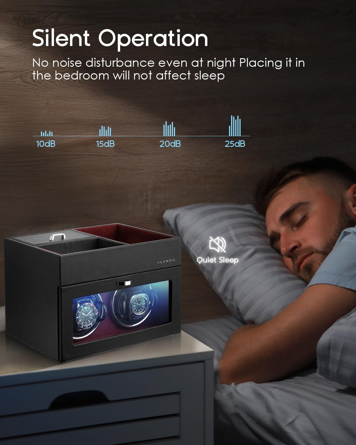 VLANDO Automatic Double Watch Winder - Watch Winder Box with Men Jewelry Organizer Tray, Japanese Quiet Motor, LED Light, Adjustable Watch Pillows - Red