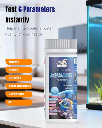 Pawfly 100 Pcs Aquarium Test Strips 6 in 1 Digital Water Testing Kit, Fish Tank Testing Strips for pH Nitrate Nitrite Chlorine Total Hardness & Carbonate, Fresh/Salt Aquarium Water Test Kit