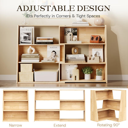 HOTAMO Expandable Solid Wood Bookshelf, 48.35" L x 11.73" D x 31.5" H Extendable Shelf Bookcase with Adjustable Design, Narrow Display Shelf for Bedroom, Living Room, Home Office, Natural Wood