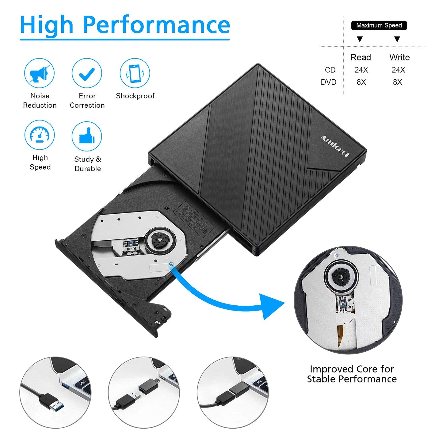 Amicool External DVD Drive USB 3.0 USB C CD Burner CD/DVD +/-RW Optical Drive, Slim Portable DVD CD ROM Rewriter Writer Duplicator for Laptop Desktop PC Windows 11/10/8/7 MacBook Mac Linux OS Apple