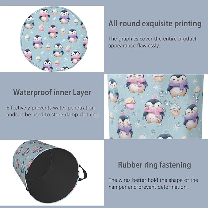 Cute Penguin Laundry Basket, Snowflake Cake Foldable Oxford Cloth Tote Bag