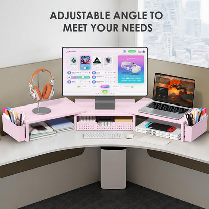 OPNICE Desk Organizers and Accessories, Dual Monitor Stand Riser with Drawer and 2 Pen Holders, Desk Shelf Metal Computer Racks for Office Workspace Organizers, Desktop Organization (Pink Metal)