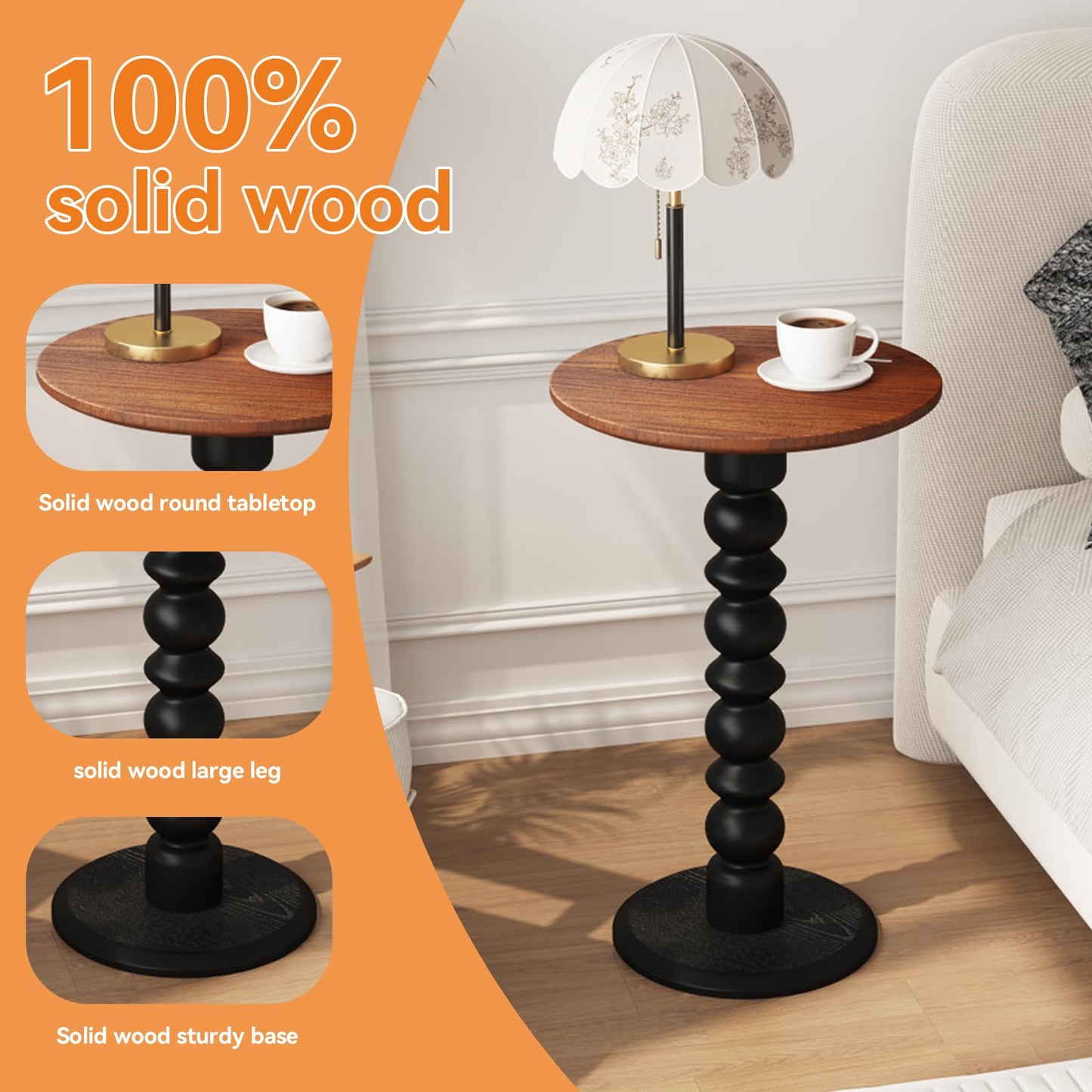 zaowofires Solid Wooden Round Side Table(Walnut/Black, 11.8" W*21.65" H)