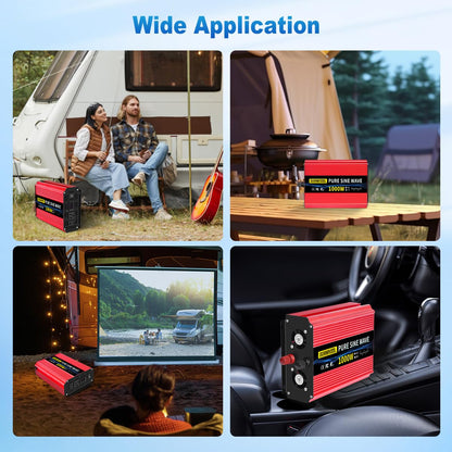 SUNWHEEL 1000W Pure Sine Wave Inverter, 12V DC to 110V/120V AC Power Inverter for RV、Off Grid、Truck with 2 AC outlets and LCD Display