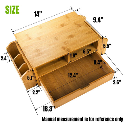Hiceeden 2 Tier Bamboo Desktop Organizer, Desk Monitor Stand Riser with 1 Drawer and 2 Pen Holder, 2 Compartment Computer Desk Storage Organizer for Laptop, Printer