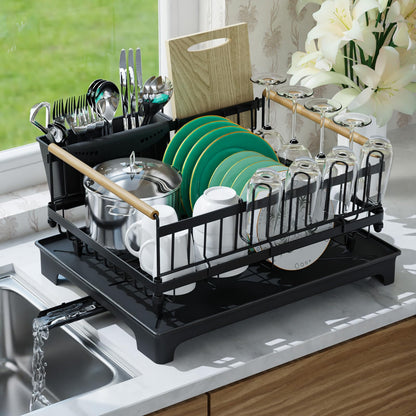 Dish Rack Lightweight & Space-Saving Drying Rack with Drainboard Large Capacity Anti-Rust Kitchen Counter Organizer with Cup, Utensil & Cutting Board Holders for Dishes, Bowels, Spoons and Forks
