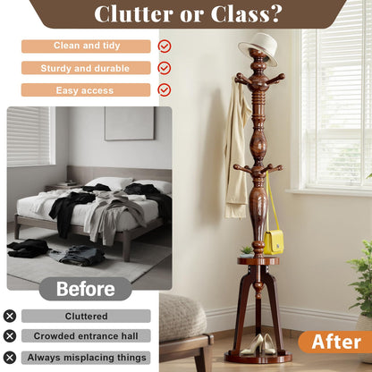 Coat Rack Freestanding with 8 Hooks & Storage Shelf, Wooden Hall Tree Coat Hanger Stand, Heavy Duty Entryway Organizer with 220 LB Load Capacity, Sturdy Wood Coat Tree for Entryway Hallway Office Home