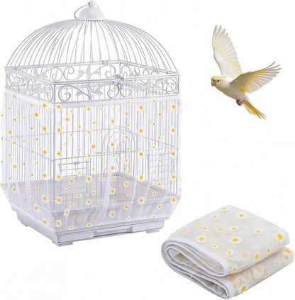 Trinkrittey Bird Cage Seed Catcher, Universal Bird Cage Seed Catcher Guard Adjustable Parrot Nylon Mesh Net Cover for Round Square Cages Parrot Parakeet African Macaw(Daisy-White, 15.7" x87")