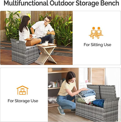 VINGLI 40 Gallon Outdoor Storage Bench with Cushion, Rattan Storage Box, Patio Wicker Deck Box with Seat for Garden | Balcony | Porch | Pool | Yard (Grey Frame + Light Grey Cushion)