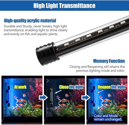 LED Aquarium Light with IP68 Waterproof and Memory Function Submersible Fish Tank Light with Remote and 16 Colors 11 Inches Brightness Adjustable Underwater Light Bar for Fish Tank Aquarium