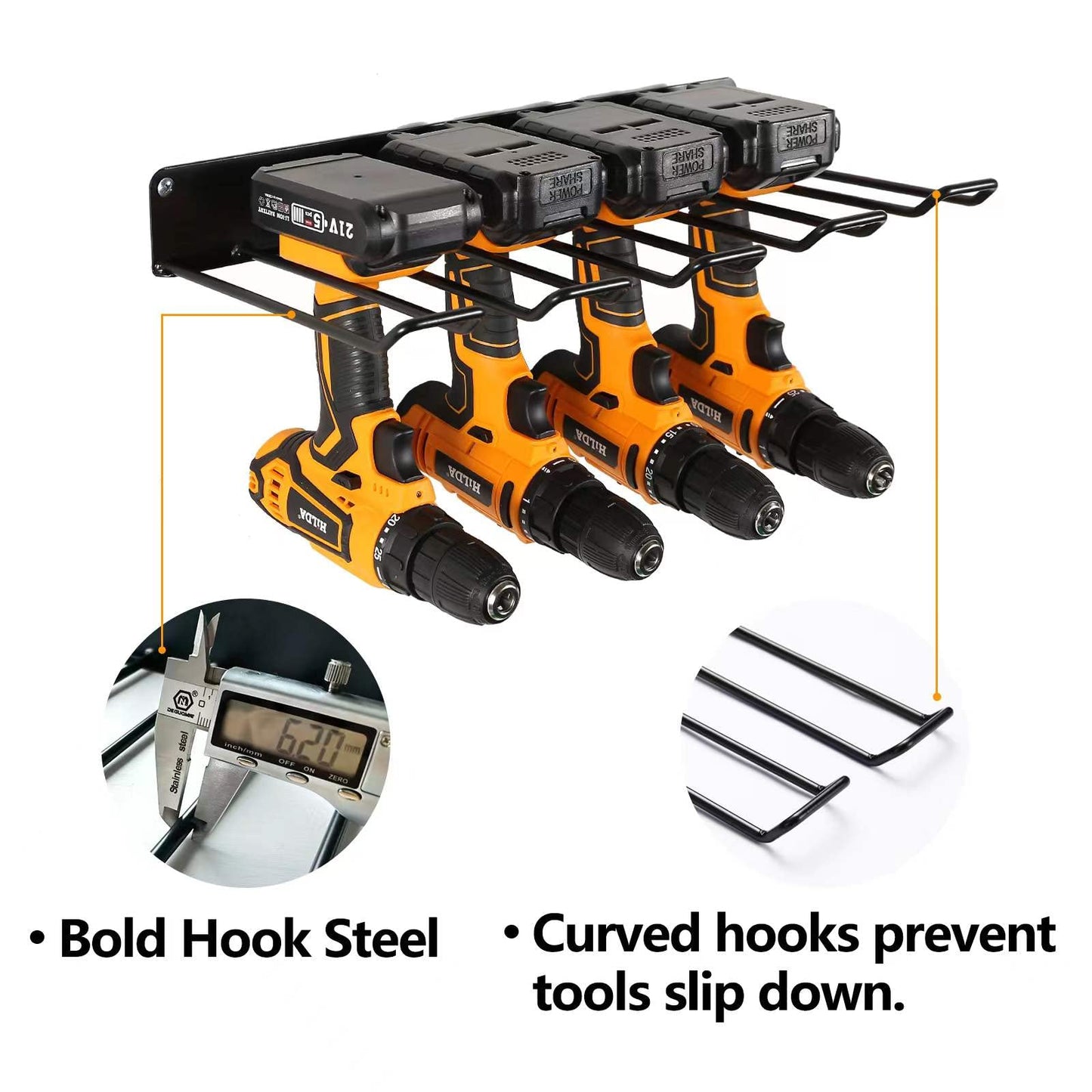 UU-Major Power Tool Organizer with Charging Station, Drill Holder, Wall Mount, Garage Storage Shelves, Heavy Duty Pegboard Wall Organizer Set, Solid Metal, Black, 2 Pack, 4 Set