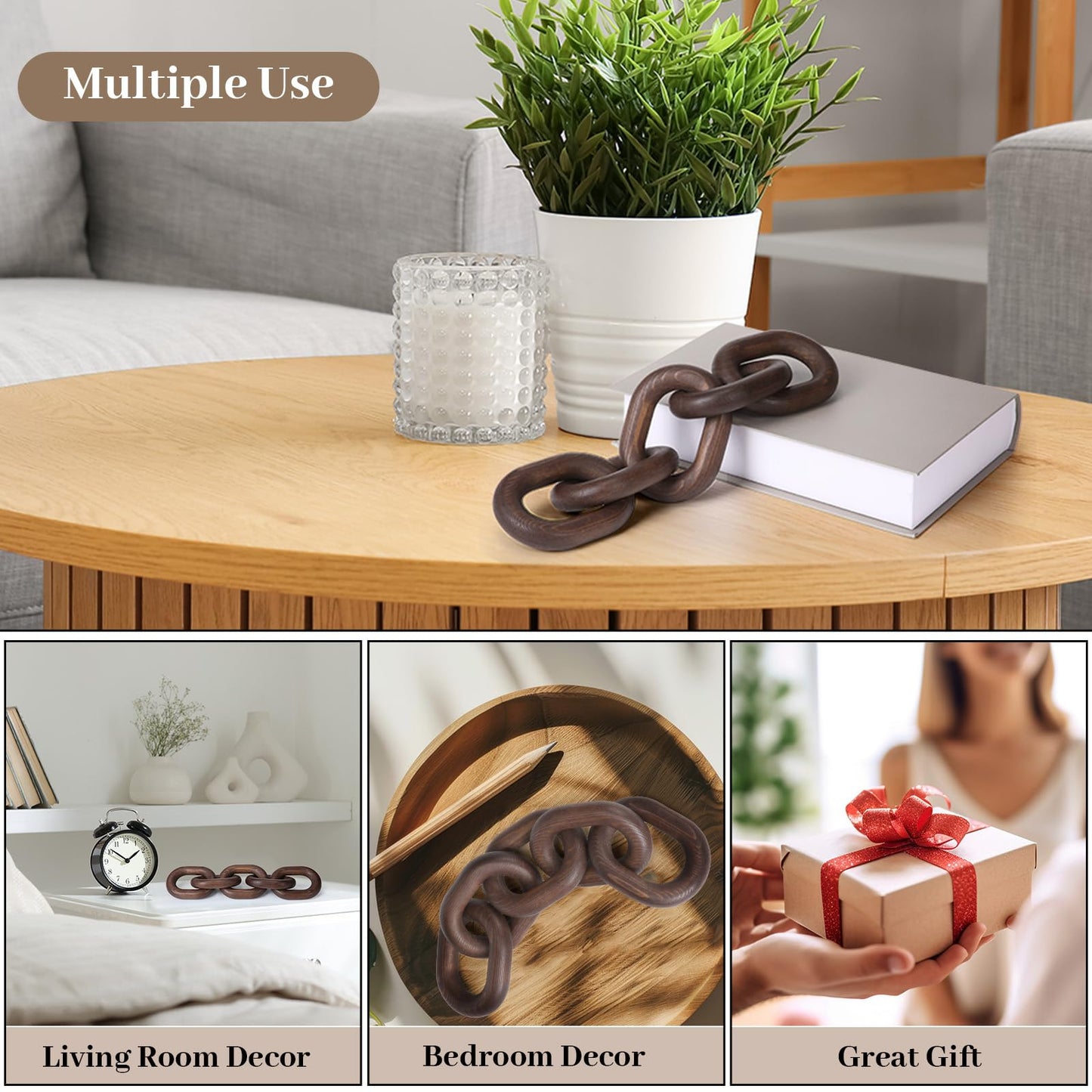 Queekay Decorative Wood Chain Link Decor Rustic 5 Link Wooden Chain Ornament Farmhouse Home Decoration Hand Carved Crafts Book Shelf Decor Items for Coffee Table(Dark Walnut,13.78 Inch)