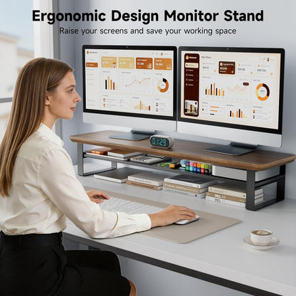 NestNeat Dual Monitor Stand, 35.4 Inch Monitor Stand Riser for 2 Monitors, 2 Tiers Wood Desk Shelf with Storage, Desktop Organizer Stand for Computer, Laptop, Printer, TV