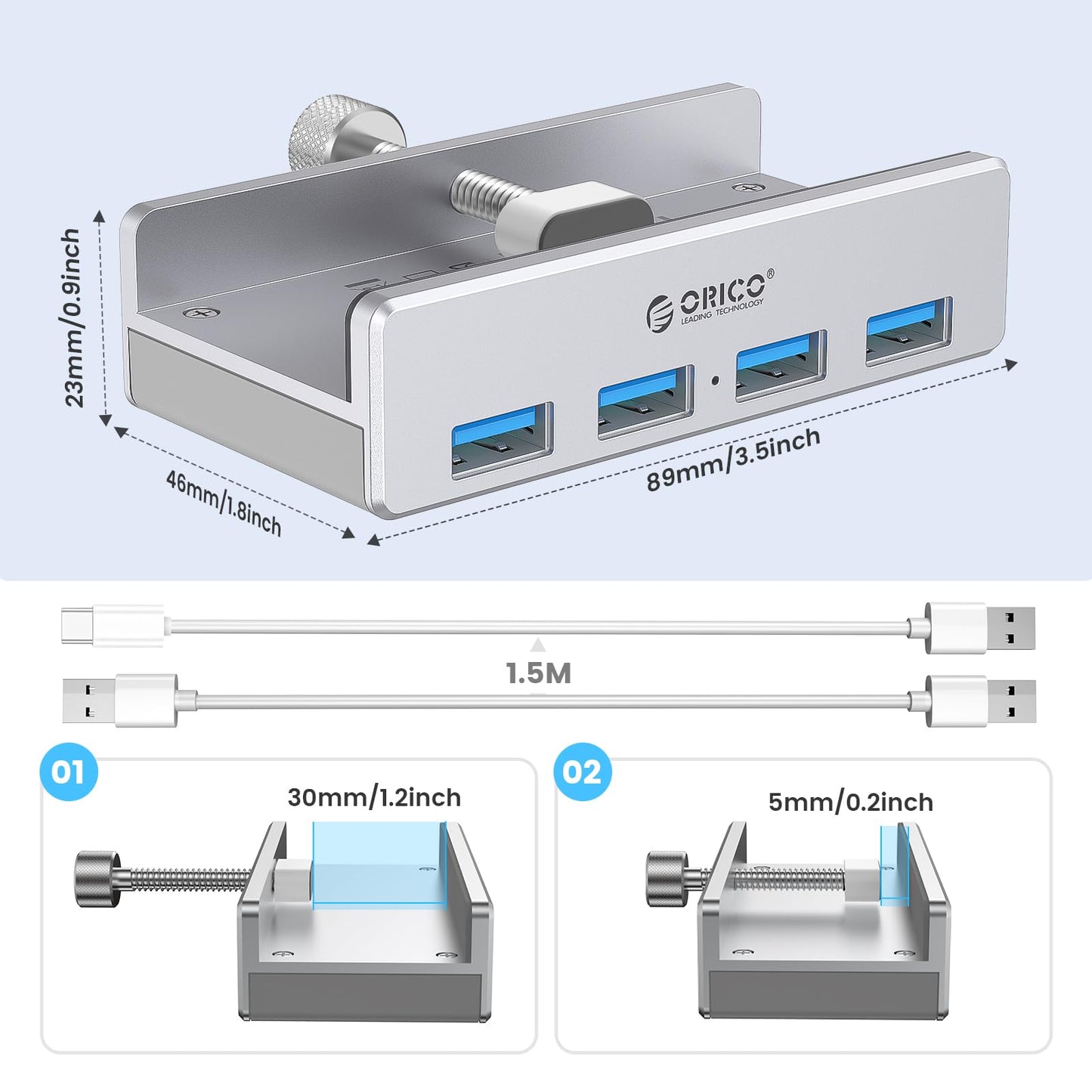 ORICO USB 3.0 Hub, USB Hub Clamp, Aluminum 4-Port USB Splitter with Extra Power Supply Port and 4.92 FT USB Data Cable, Desktop Powered USB Hub for Monitors/Desks-Black (Without Power Adapter)