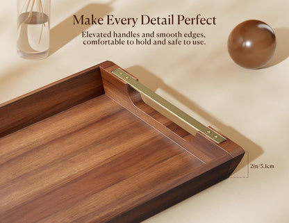 Dofira Acacia Wood Serving Tray with Metal Handles, 17x13in Large Ottoman Tray, Food Drinks Tray for Coffee Table, Breakfast, Dinner & Bar, Rustic Decorative Tray for Kitchen, Bedroom Gift Box