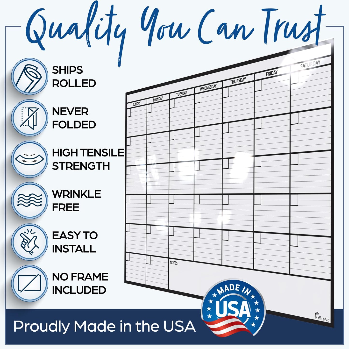 Large Dry Erase Calendar for Wall, 24x36, Large Wall Calendar Dry Erase, Big White Board for Office, Home & School, Giant Erasable Whiteboard, Jumbo Monthly Undated Reusable White Board Planner