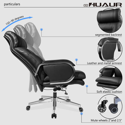 HUAUR Genuine Leather Modern Executive Chair High-Back Support 90 to 150 Degrees Tilt and Upholstered Home Desk Chair with Base 360LB Capacity Swivel Computer Office Chair (Black)