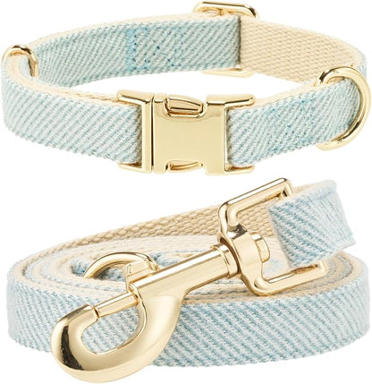 Luxury Soft Cotton Tweed Fabric Dog Collar & Leash Set with Gold Buckle – Durable Fabric, Stylish Design for Everyday Walks(Large LtBlue)