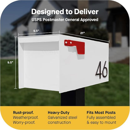 Adoorn Post Mount Outdoor Mailboxes - Large Decorative Mailbox for Letters and Packages - Weatherproof Construction - Durable Steel - Magnetic Closure - 9.5” H x 9.5” W x 20.75” D - White