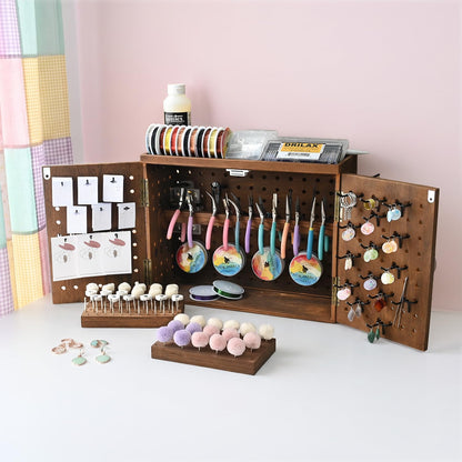 Ikee Design Wooden Pegboard Tool Organizer Box with Doors Wall Mount or Benchtop Jewelry Tool Storage with 40 Hooks & Bur Holders, Workshop Garage Craft Organizer Cabinet, Brown