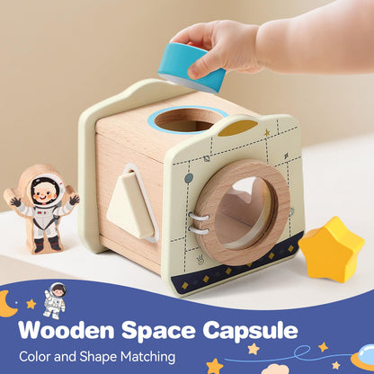 ibwaae Wooden Rocket Space Toy Set for Toddlers 1-3, Montessori Shape Sorter and Stacking Activity with Magnetic Car, Fine Motor Skills Learning Toy, First Birthday Gift for Boys Girls