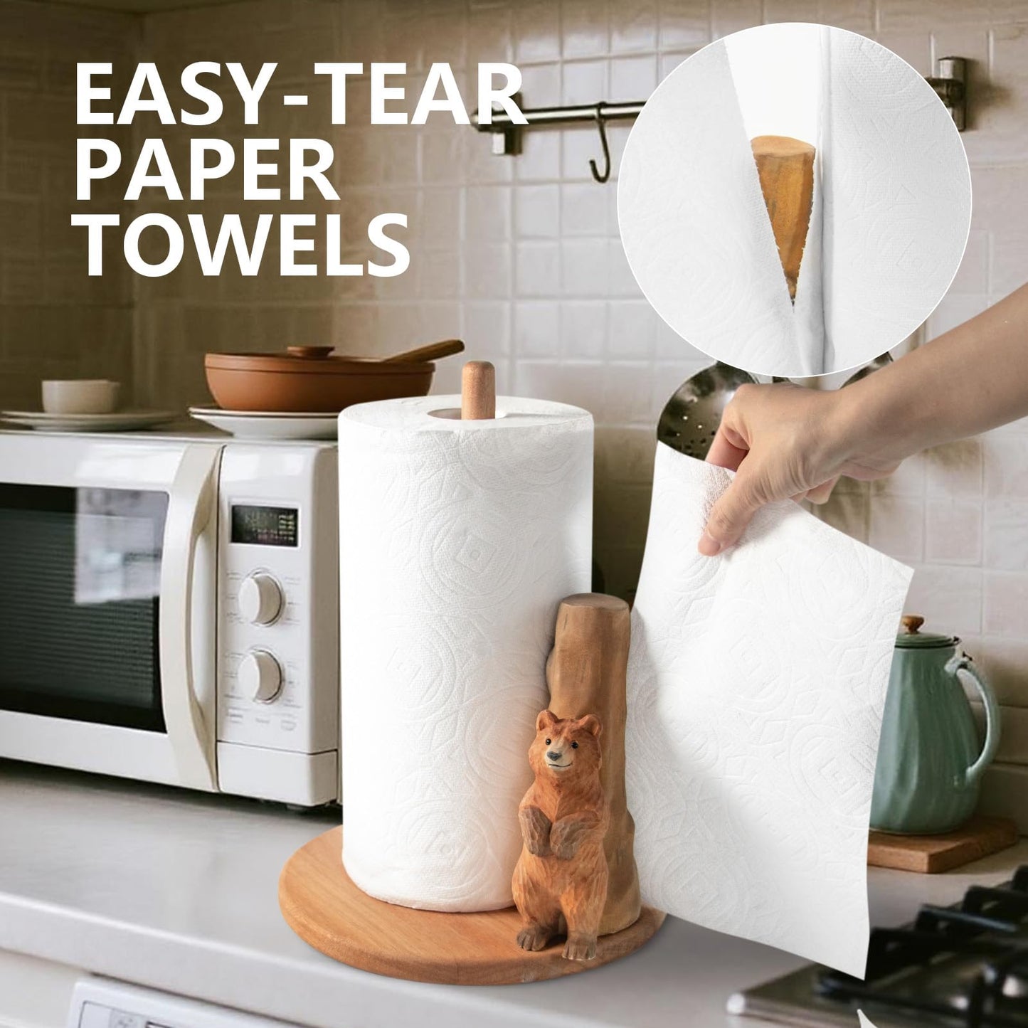 Bear Wooden Paper Towel Holder,9.5" Large Thicken Base Wood Kitchen Tissue Holder, Freestanding Paper Towel Holders, Suitable for Farmhouse, Kitchen Countertop Decorative Paper Towel Holder (Bear)