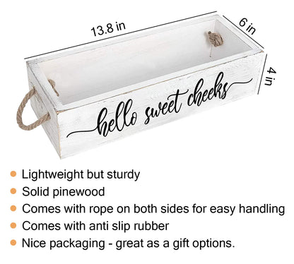PZJIEAN Funny 2 Sides Hello Sweet Cheeks White Bathroom Decor Box with Handle, Farmhouse Bathroom Decor Box for Toilet Paper, Back of Toilet Organizer