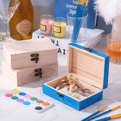 Barydat 24 Pack Unfinished Wooden Boxes for Crafts 6 x 4 x 2, Small Keepsake Box, Wood Box with 10 Paintbrushes and Hinged Lid Treasure Chest Wood Boxes for DIY Crafts Jewelry Birthday Party Favor