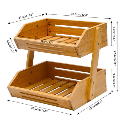 VIKEYHOME Fruit Basket, 2 Tier Bamboo Fruit Basket for Kitchen, 11" Tall Fruit Stand Storage Holder, Heavy Duty/Large Capacity for Vegetables, Fruit, and Snack, 15 mm Thickness (Self-assembly)