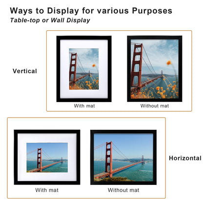 KINLINK 8x10 Picture Frame Black Set of 6, Wooden Photo Frames Matted 5x7 with Plexiglass for 5x7 with Mat or 8x10 without Mat for Table and Wall Display