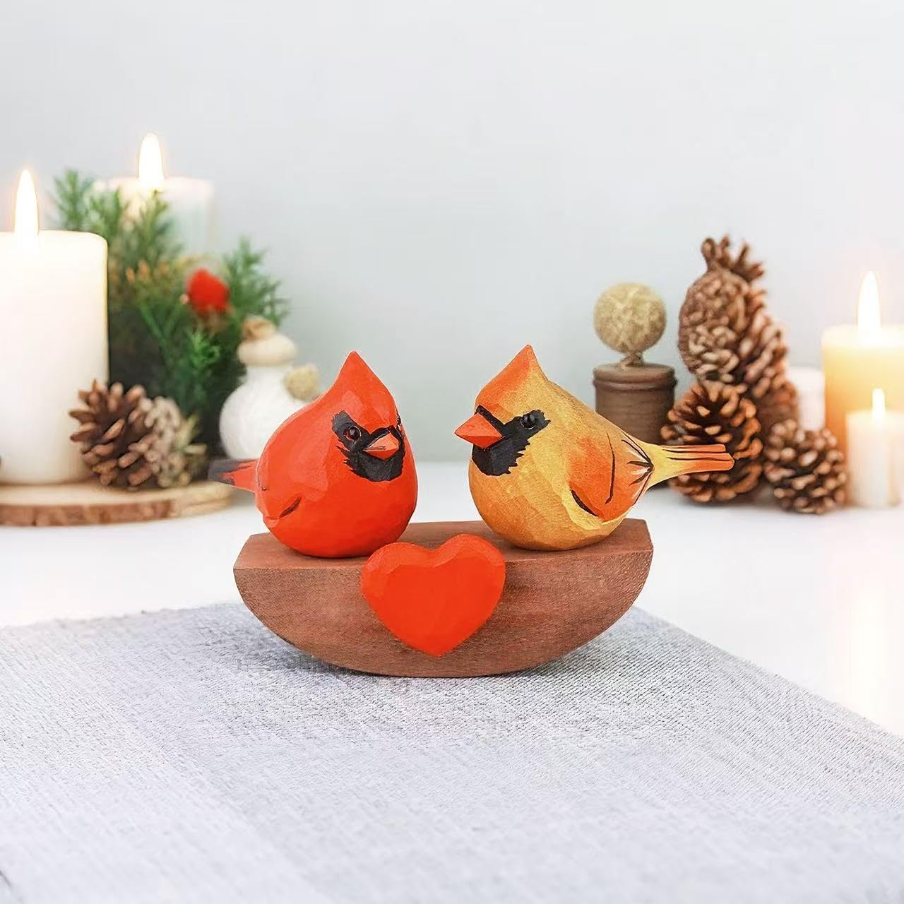 Xiyuelily Handmade Wooden Cardinal Figurines on Heart Base - Set of 3 Hand-Carved Male & Female Red Bird Statues - Romantic Couples Gift for Anniversary, Valentine's Day, Wedding & Home Decor Accents