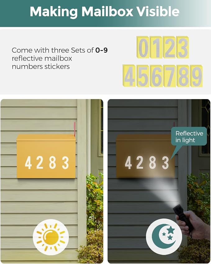 LAND·VOI Wall-Mount Mailbox with One Flag Kit and Three Sets of 0-9 Mailbox Number Stickers, Mailboxes for Outside, Galvanized Steel Rust-Proof Metal Post Box, 4.33" Dx14.2 Wx10.43 H, Yellow