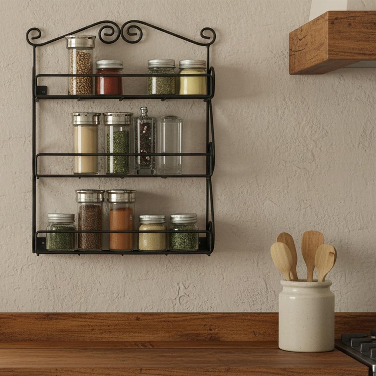 FitWell Scroll Wall Mount Spice Rack, 3-Tier, Traditional Spice Rack Cabinet & Kitchen, Beauty & Nail Polish Organizer for Bathroom, Scroll Wall-Mounted (Black)