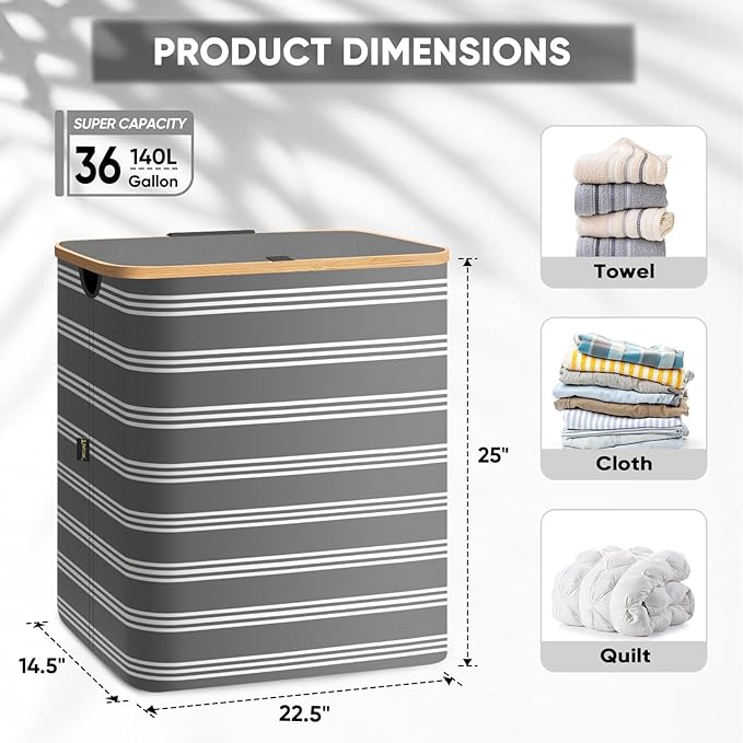 BALEINE Laundry Hamper with Lid, Tall Laundry Baskets with Bamboo Pull Handles