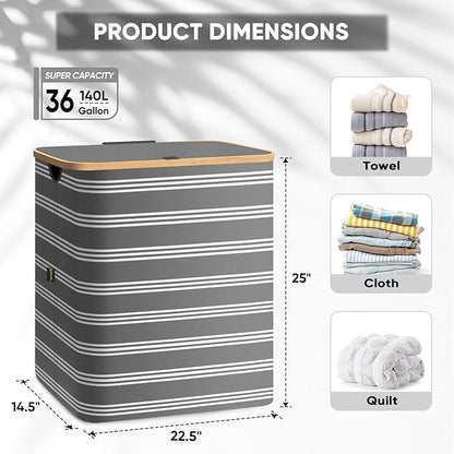 BALEINE Laundry Hamper with Lid, Tall Laundry Baskets with Bamboo Pull Handles