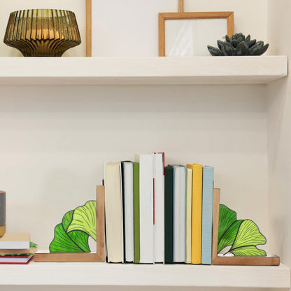 Maitys Ginkgo Leaf Bookends with Oak Wood Base Stained Glass Novelty Bookends Organizer Cute Book Ends for Shelves Desks Libraries Book Lover Gift (Green)