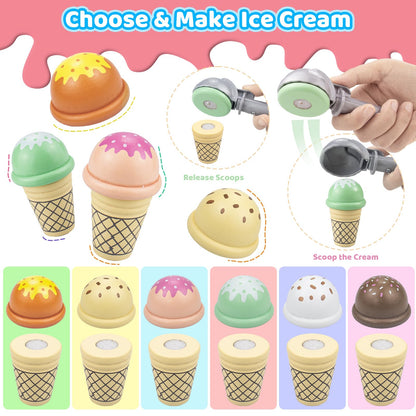 Wooden Ice Cream Toys – 32 pcs Pretend Ice Cream Play Set with Scooper, Menu, Fake Money & Storage | Wooden Play Store Counter Shop & Toy Gift for Toddlers Girls Boys Ages 3 4 5 6 7 8